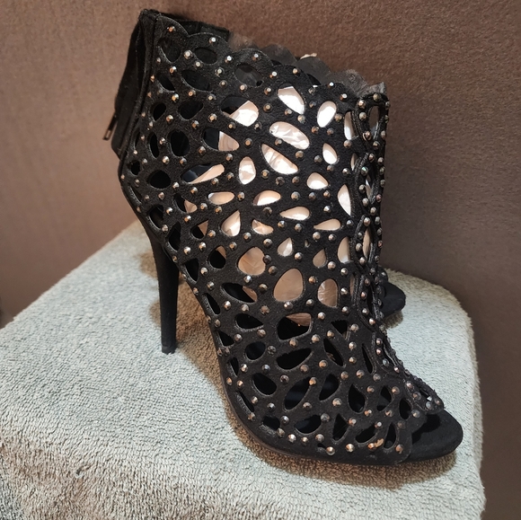 Macys Black High Heel Stappy Bootie with Zipper with Rhinestones - Picture 16 of 16